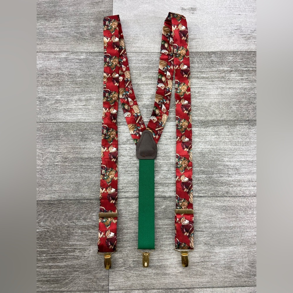 VTG CAS Germany Suspenders Braves Christmas Santa Clause Red Brass Green Clip